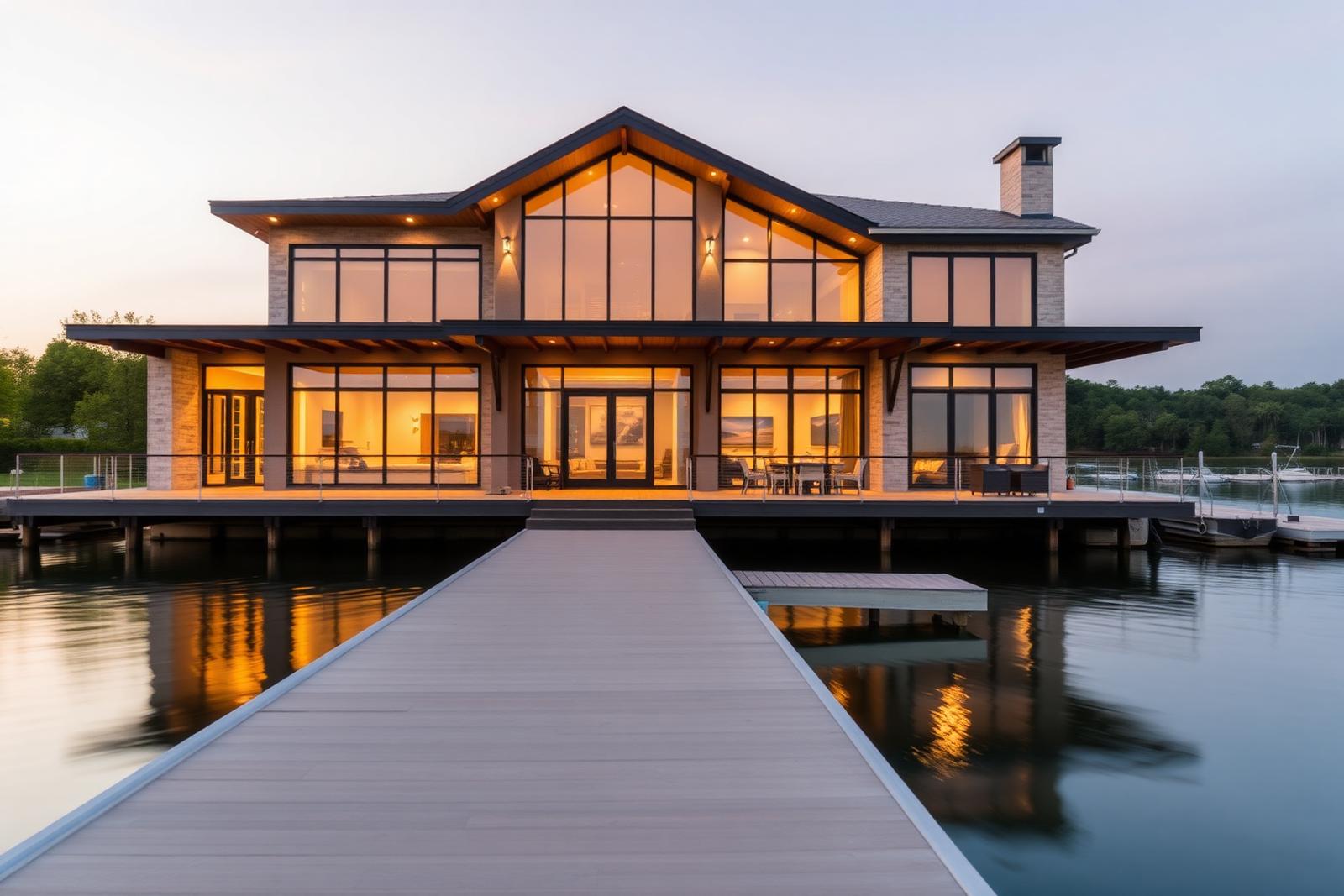 Modern lakefront home exterior at Cedar Creek Lake at golden hour