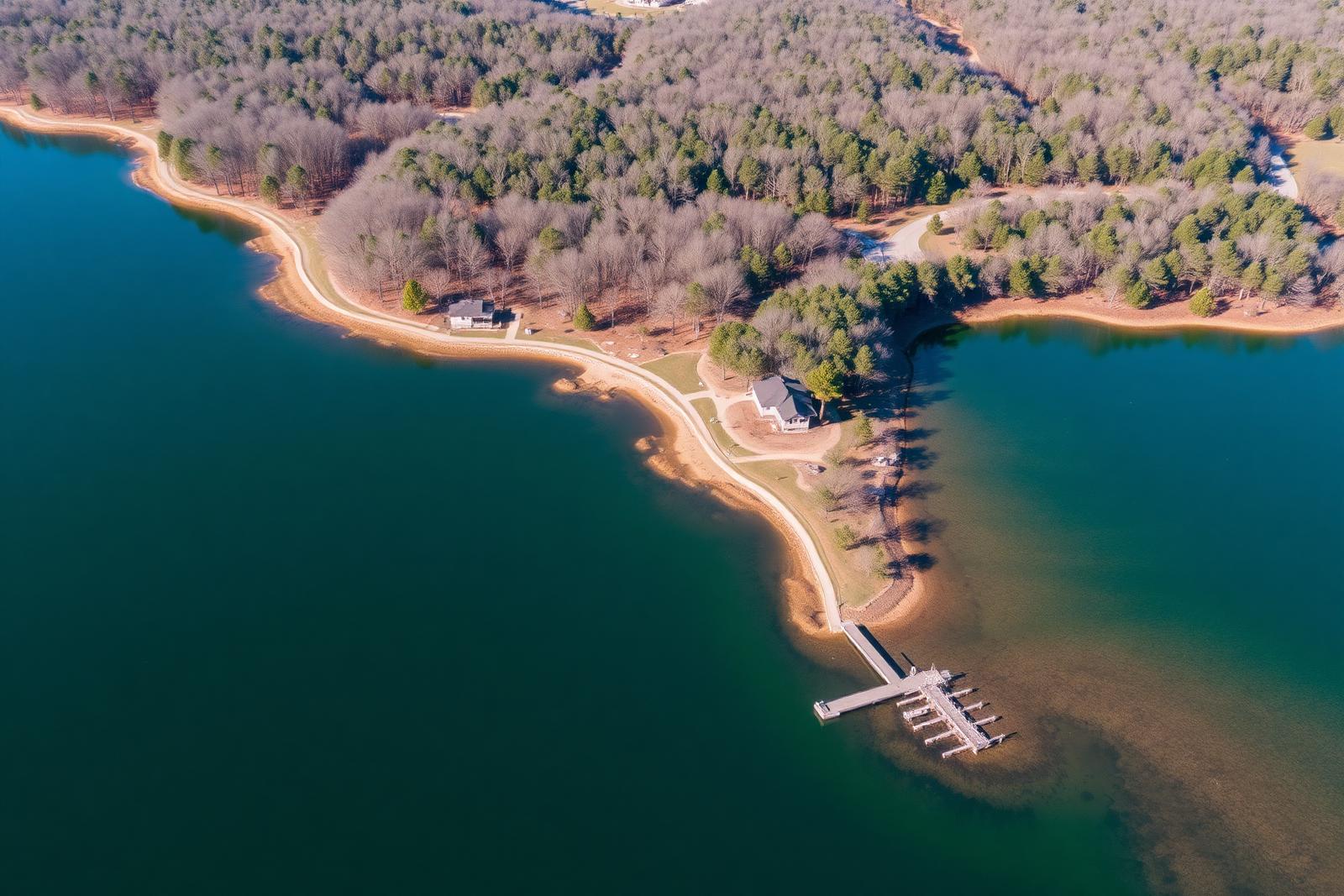 Aerial view of the Cedar Creek Landing shoreline and dock