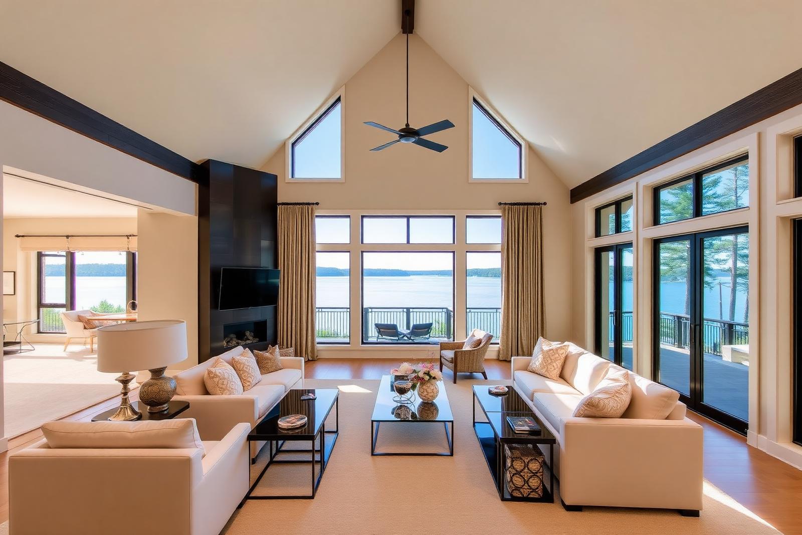 Great room interior with vaulted ceilings and lake views