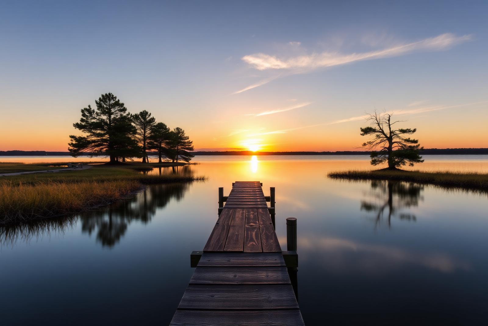 Wooden dock extending into Cedar Creek Lake at sunset